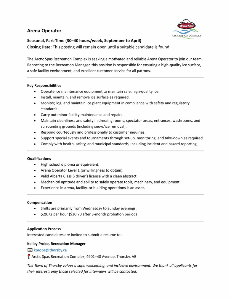 JOB OPPORTUNITY - Arena Operator