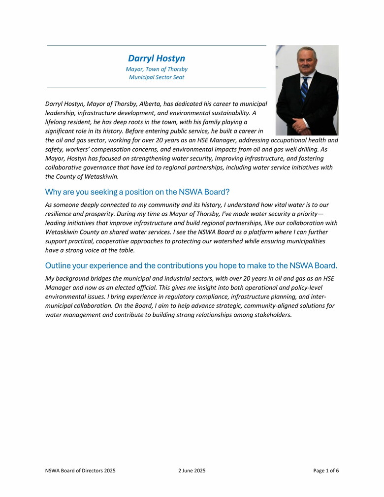Mayor Darryl Hostyn Assigned to Position on North Saskatchewan Watershed Alliance Board