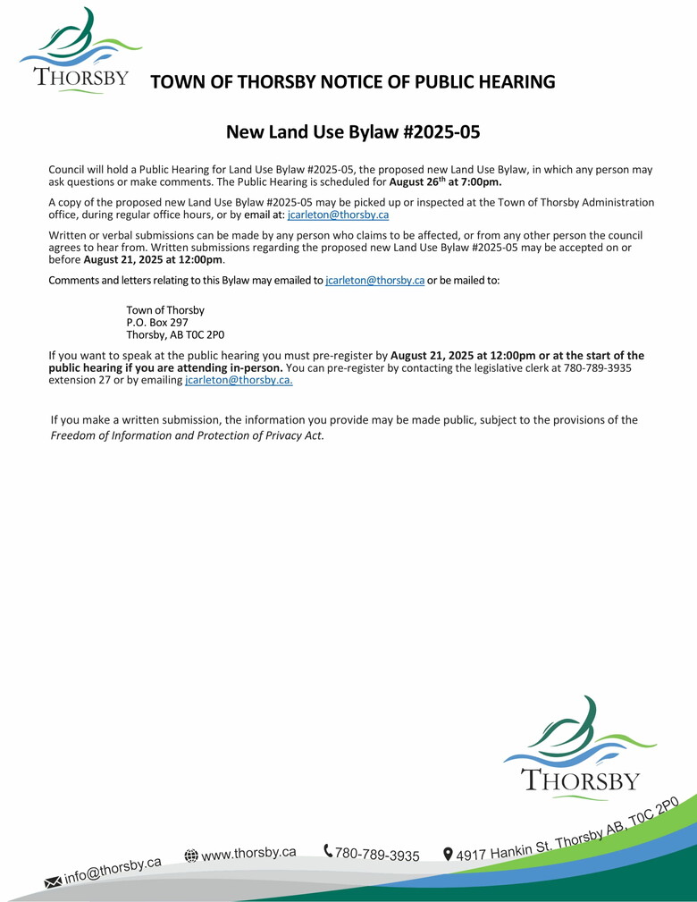 Notice of New Land Use Bylaw #2025-05 Public Hearing