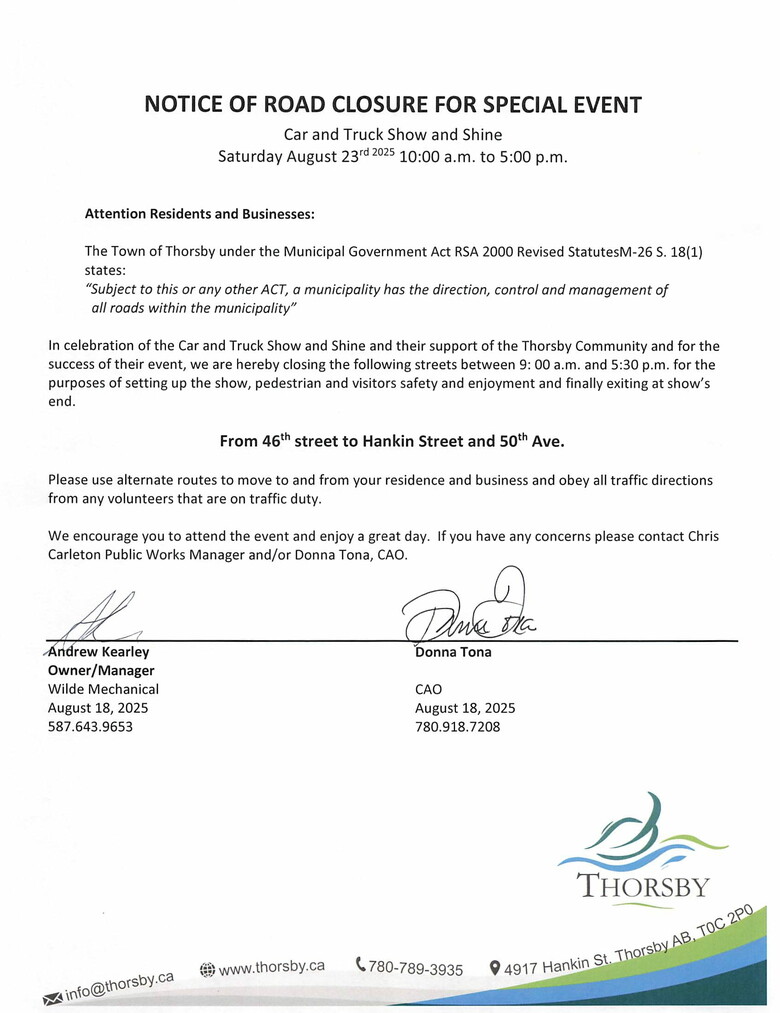 Notice of Road Closure for Special Event - Wilde Mechanical Show n Shine