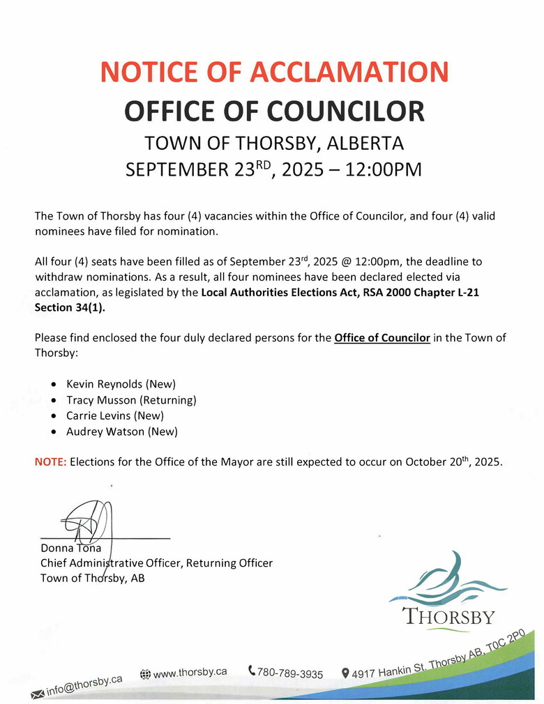 Notice of Acclamation - Office of Councilor
