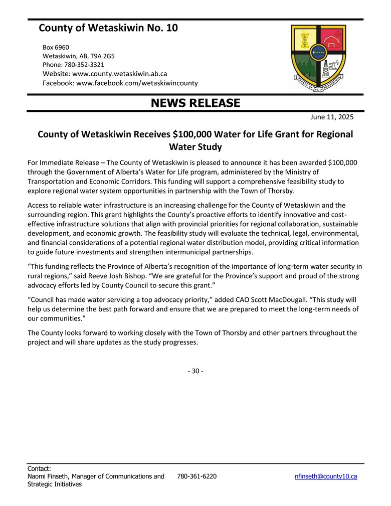 County of Wetaskiwin Receives $100,000 Water for Life Grant for Regional Water Study