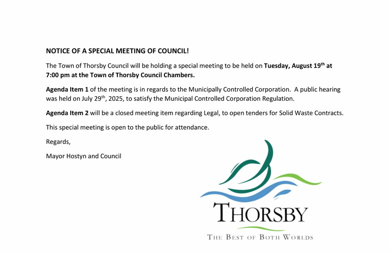 Notice of Special Meeting - August 19th, 2025 @ 7:00pm
